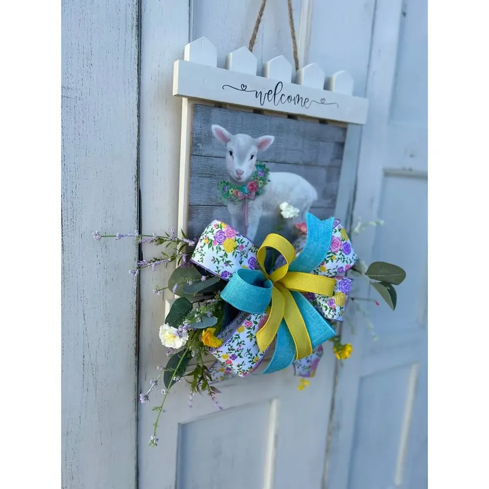 Easter Picket Fence Door Wreath with Lamb, Wood Porch Decoration, Floral Accents